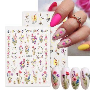 4 sheets🌻🌈3D Embossed Spring Flower Nail Art Stickers Decals Self-Adhesive